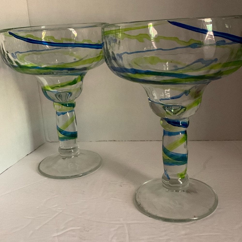 Two gorgeous hand blow Margarita glasses. Blue, green swirl.